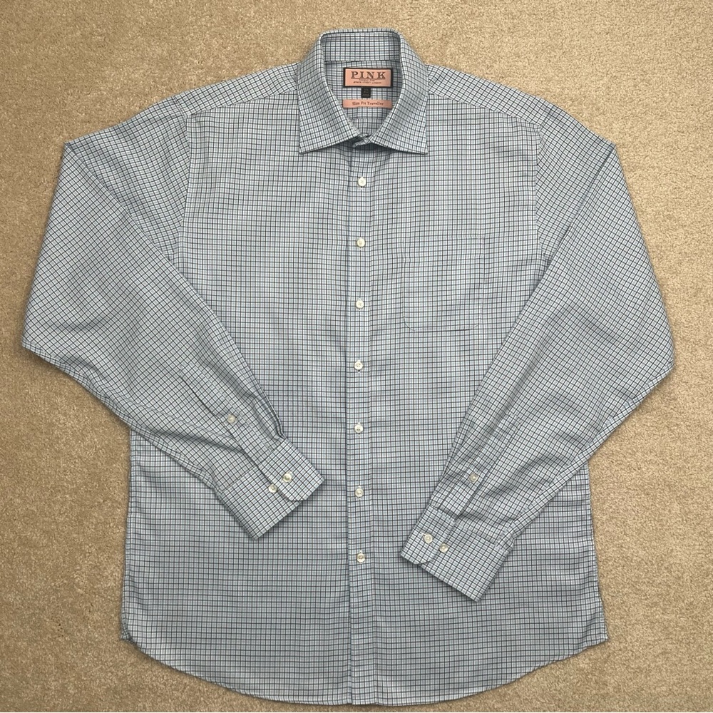 Thomas Pink Shirt Adult 16.5 Large Blue Button Up Checked Business Casual Men